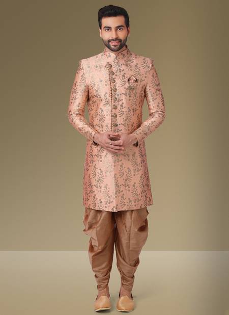 Peach Colour Exclusive Traditional Wear Jacquard Banarasi Brocade Indo Western Mens New Collection 1120